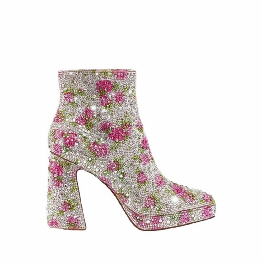 Betsey Johnson Della Pink Floral rhinestone Platform Boot with Teal Heel - Picture 2 of 16